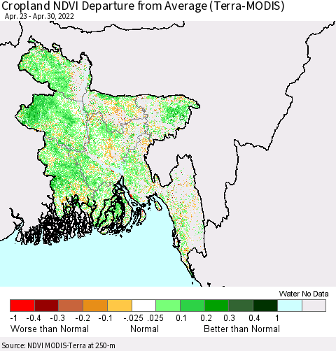 Bangladesh Cropland NDVI Departure from Average (Terra-MODIS) Thematic Map For 4/23/2022 - 4/30/2022