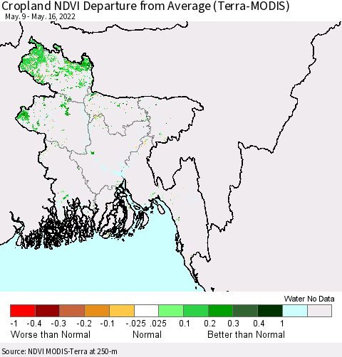 Bangladesh Cropland NDVI Departure from Average (Terra-MODIS) Thematic Map For 5/9/2022 - 5/16/2022
