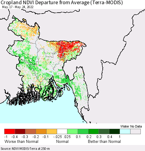 Bangladesh Cropland NDVI Departure from Average (Terra-MODIS) Thematic Map For 5/17/2022 - 5/24/2022