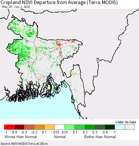 Bangladesh Cropland NDVI Departure from Average (Terra-MODIS) Thematic Map For 5/25/2022 - 6/1/2022