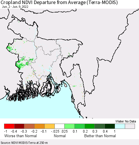 Bangladesh Cropland NDVI Departure from Average (Terra-MODIS) Thematic Map For 6/2/2022 - 6/9/2022