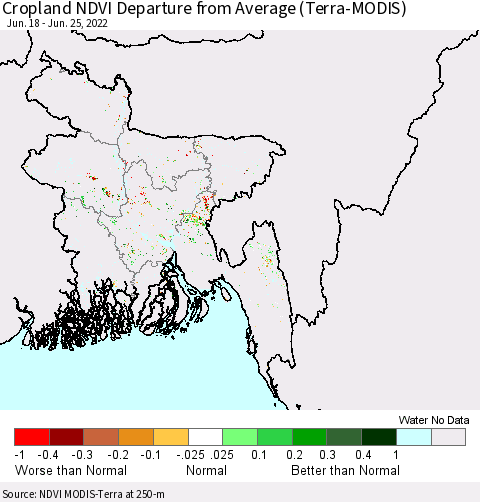 Bangladesh Cropland NDVI Departure from Average (Terra-MODIS) Thematic Map For 6/18/2022 - 6/25/2022