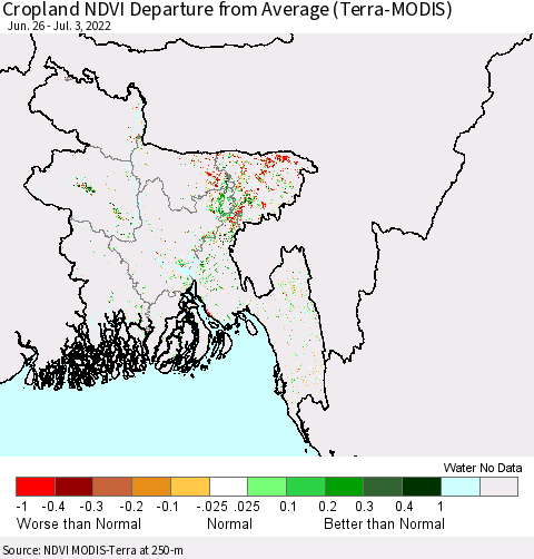 Bangladesh Cropland NDVI Departure from Average (Terra-MODIS) Thematic Map For 6/26/2022 - 7/3/2022