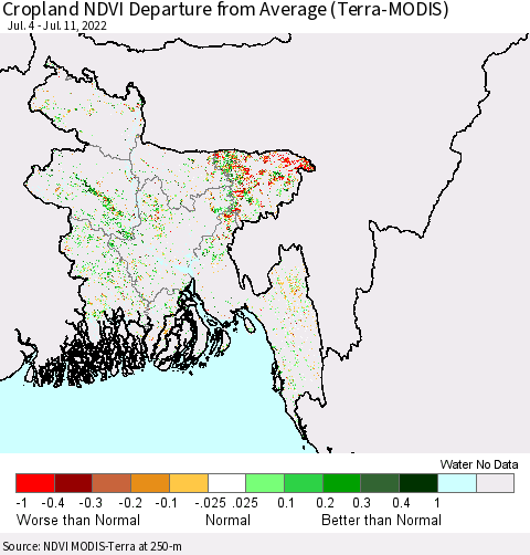 Bangladesh Cropland NDVI Departure from Average (Terra-MODIS) Thematic Map For 7/4/2022 - 7/11/2022