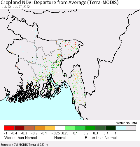 Bangladesh Cropland NDVI Departure from Average (Terra-MODIS) Thematic Map For 7/20/2022 - 7/27/2022