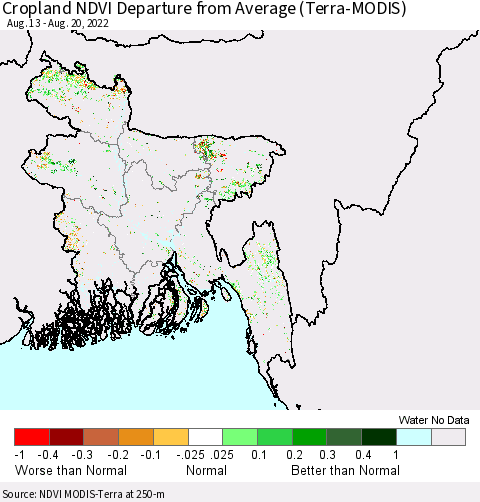 Bangladesh Cropland NDVI Departure from Average (Terra-MODIS) Thematic Map For 8/13/2022 - 8/20/2022