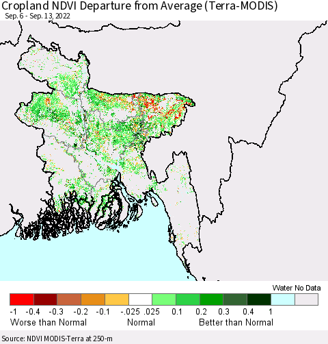 Bangladesh Cropland NDVI Departure from Average (Terra-MODIS) Thematic Map For 9/6/2022 - 9/13/2022