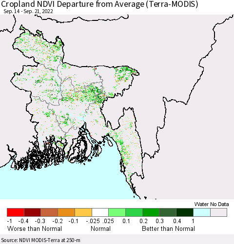 Bangladesh Cropland NDVI Departure from Average (Terra-MODIS) Thematic Map For 9/14/2022 - 9/21/2022