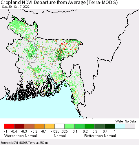 Bangladesh Cropland NDVI Departure from Average (Terra-MODIS) Thematic Map For 9/30/2022 - 10/7/2022