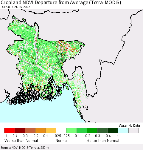 Bangladesh Cropland NDVI Departure from Average (Terra-MODIS) Thematic Map For 10/8/2022 - 10/15/2022