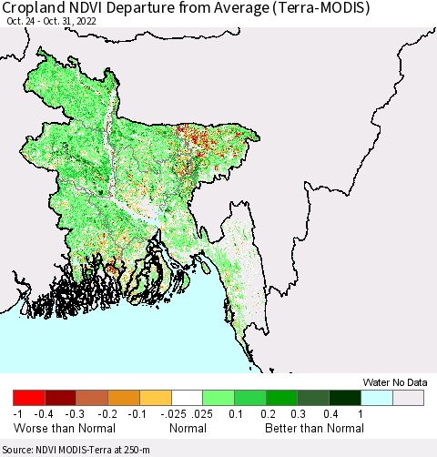 Bangladesh Cropland NDVI Departure from Average (Terra-MODIS) Thematic Map For 10/24/2022 - 10/31/2022