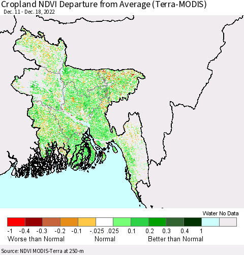Bangladesh Cropland NDVI Departure from Average (Terra-MODIS) Thematic Map For 12/11/2022 - 12/18/2022