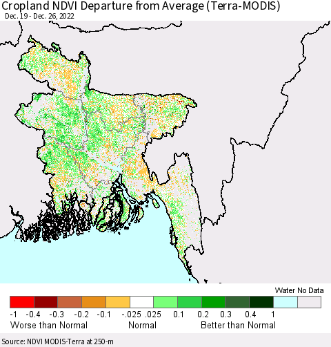 Bangladesh Cropland NDVI Departure from Average (Terra-MODIS) Thematic Map For 12/19/2022 - 12/26/2022