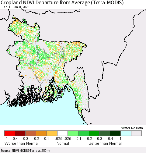 Bangladesh Cropland NDVI Departure from Average (Terra-MODIS) Thematic Map For 1/1/2023 - 1/8/2023