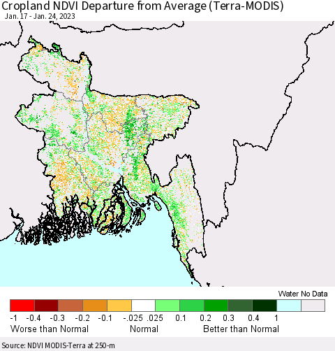 Bangladesh Cropland NDVI Departure from Average (Terra-MODIS) Thematic Map For 1/17/2023 - 1/24/2023