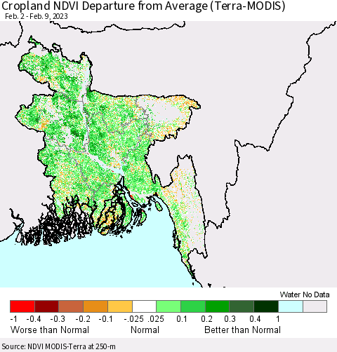 Bangladesh Cropland NDVI Departure from Average (Terra-MODIS) Thematic Map For 2/2/2023 - 2/9/2023