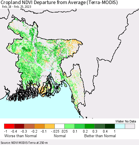 Bangladesh Cropland NDVI Departure from Average (Terra-MODIS) Thematic Map For 2/18/2023 - 2/25/2023