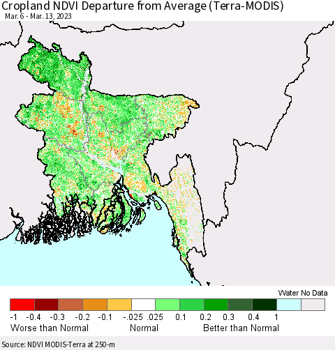 Bangladesh Cropland NDVI Departure from Average (Terra-MODIS) Thematic Map For 3/6/2023 - 3/13/2023