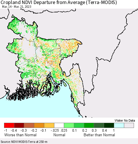 Bangladesh Cropland NDVI Departure from Average (Terra-MODIS) Thematic Map For 3/14/2023 - 3/21/2023