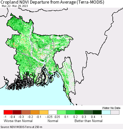 Bangladesh Cropland NDVI Departure from Average (Terra-MODIS) Thematic Map For 3/22/2023 - 3/29/2023