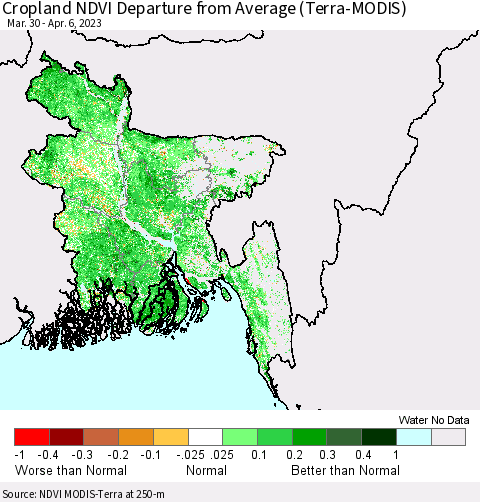 Bangladesh Cropland NDVI Departure from Average (Terra-MODIS) Thematic Map For 3/30/2023 - 4/6/2023
