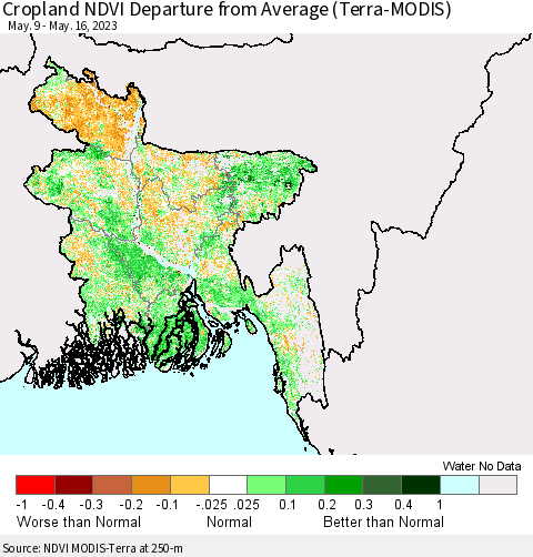 Bangladesh Cropland NDVI Departure from Average (Terra-MODIS) Thematic Map For 5/9/2023 - 5/16/2023