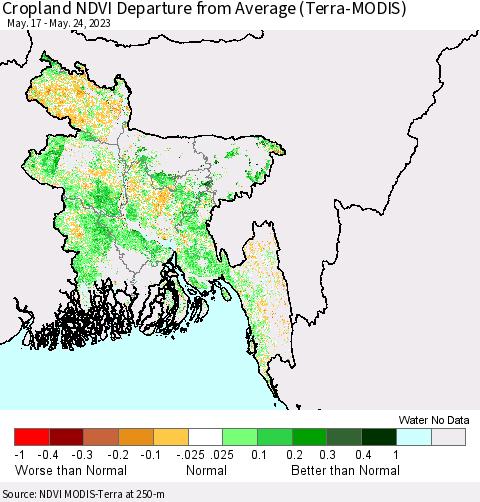 Bangladesh Cropland NDVI Departure from Average (Terra-MODIS) Thematic Map For 5/17/2023 - 5/24/2023