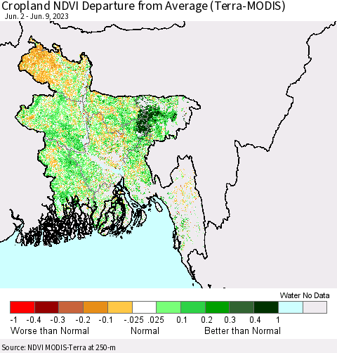 Bangladesh Cropland NDVI Departure from Average (Terra-MODIS) Thematic Map For 6/2/2023 - 6/9/2023