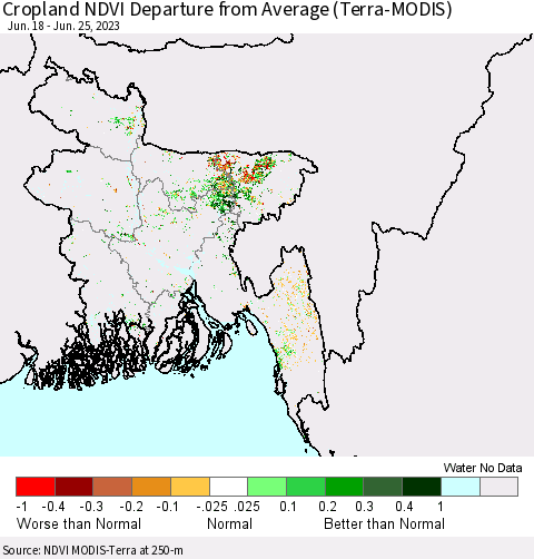 Bangladesh Cropland NDVI Departure from Average (Terra-MODIS) Thematic Map For 6/18/2023 - 6/25/2023