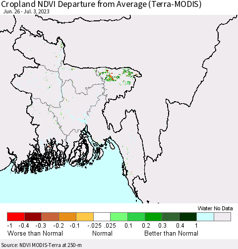 Bangladesh Cropland NDVI Departure from Average (Terra-MODIS) Thematic Map For 6/26/2023 - 7/3/2023