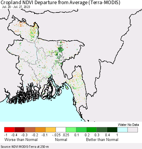Bangladesh Cropland NDVI Departure from Average (Terra-MODIS) Thematic Map For 7/20/2023 - 7/27/2023