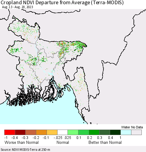 Bangladesh Cropland NDVI Departure from Average (Terra-MODIS) Thematic Map For 8/13/2023 - 8/20/2023