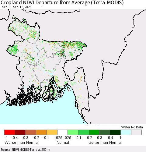 Bangladesh Cropland NDVI Departure from Average (Terra-MODIS) Thematic Map For 9/6/2023 - 9/13/2023