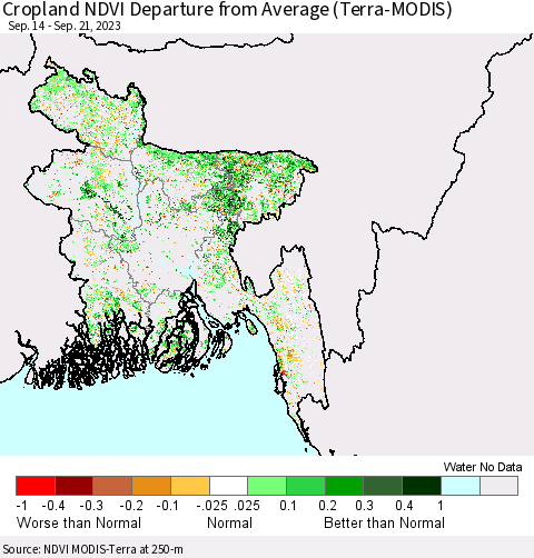 Bangladesh Cropland NDVI Departure from Average (Terra-MODIS) Thematic Map For 9/14/2023 - 9/21/2023
