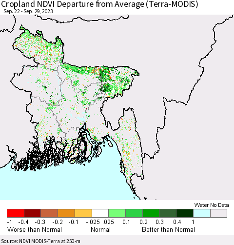 Bangladesh Cropland NDVI Departure from Average (Terra-MODIS) Thematic Map For 9/22/2023 - 9/29/2023
