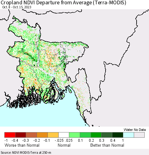 Bangladesh Cropland NDVI Departure from Average (Terra-MODIS) Thematic Map For 10/8/2023 - 10/15/2023