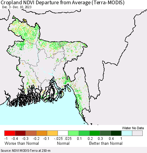 Bangladesh Cropland NDVI Departure from Average (Terra-MODIS) Thematic Map For 12/3/2023 - 12/10/2023
