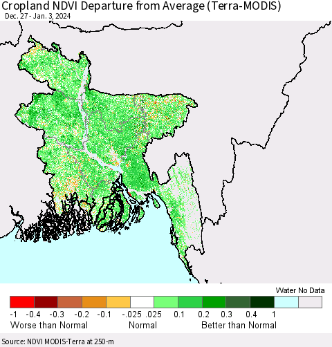 Bangladesh Cropland NDVI Departure from Average (Terra-MODIS) Thematic Map For 12/27/2023 - 1/3/2024