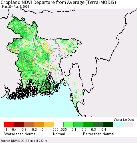 Bangladesh Cropland NDVI Departure from Average (Terra-MODIS) Thematic Map For 3/29/2024 - 4/5/2024