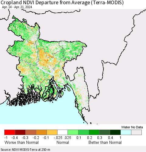 Bangladesh Cropland NDVI Departure from Average (Terra-MODIS) Thematic Map For 4/14/2024 - 4/21/2024