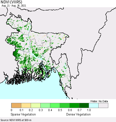 Bangladesh NDVI (VIIRS) Thematic Map For 8/21/2021 - 8/28/2021