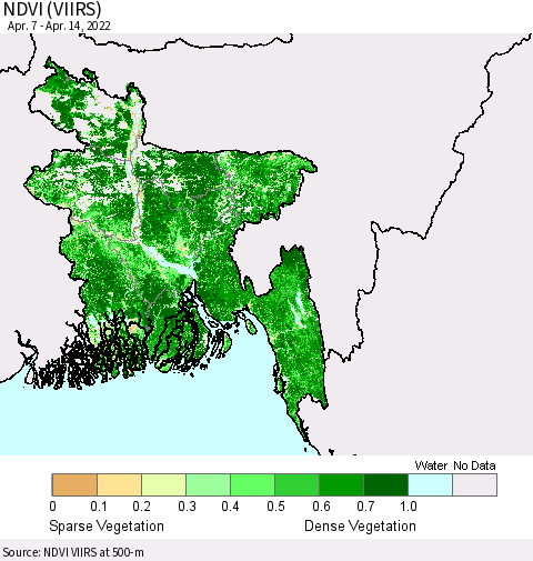 Bangladesh NDVI (VIIRS) Thematic Map For 4/7/2022 - 4/14/2022