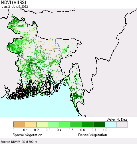 Bangladesh NDVI (VIIRS) Thematic Map For 6/2/2022 - 6/9/2022