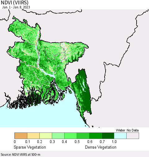 Bangladesh NDVI (VIIRS) Thematic Map For 1/1/2023 - 1/8/2023