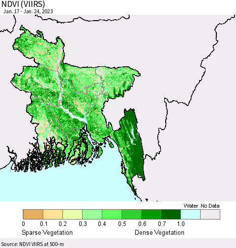 Bangladesh NDVI (VIIRS) Thematic Map For 1/17/2023 - 1/24/2023