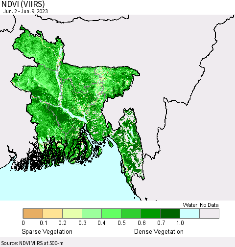 Bangladesh NDVI (VIIRS) Thematic Map For 6/2/2023 - 6/9/2023