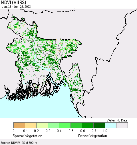 Bangladesh NDVI (VIIRS) Thematic Map For 6/18/2023 - 6/25/2023
