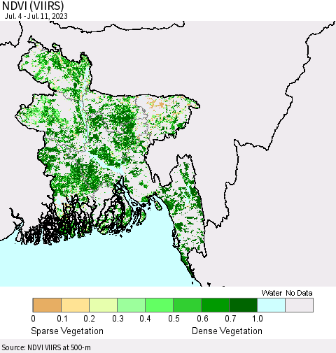 Bangladesh NDVI (VIIRS) Thematic Map For 7/4/2023 - 7/11/2023