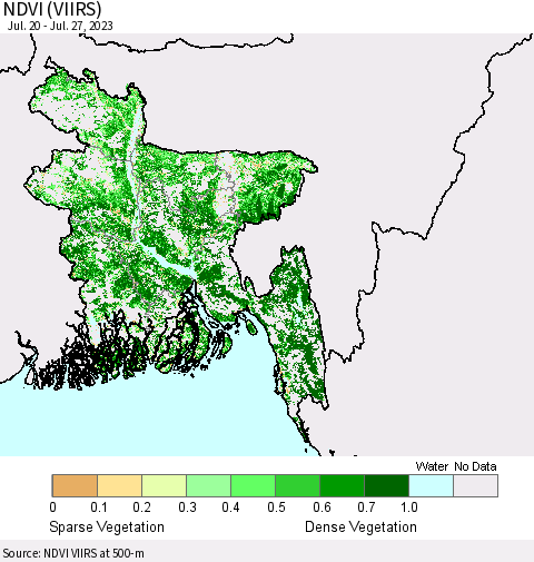 Bangladesh NDVI (VIIRS) Thematic Map For 7/20/2023 - 7/27/2023