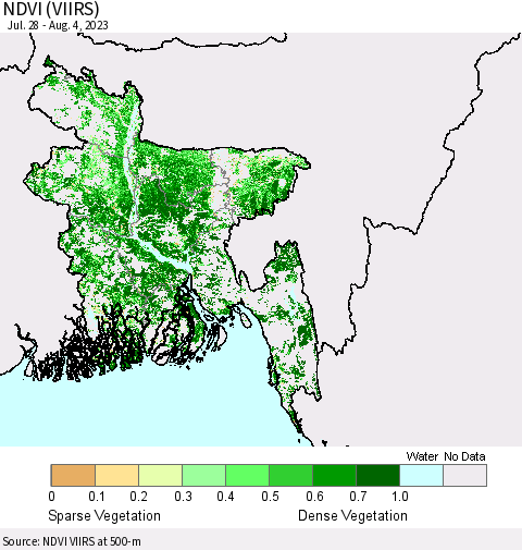Bangladesh NDVI (VIIRS) Thematic Map For 7/28/2023 - 8/4/2023